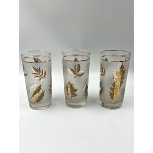 3 Vintage Libbey Gold Leaf High Ball Frosted Glasses